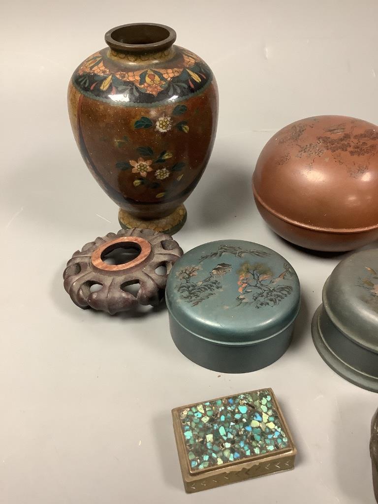 Five Chinese lacquer boxes, a Japanese cloisonne vase, mixed metal box and other items